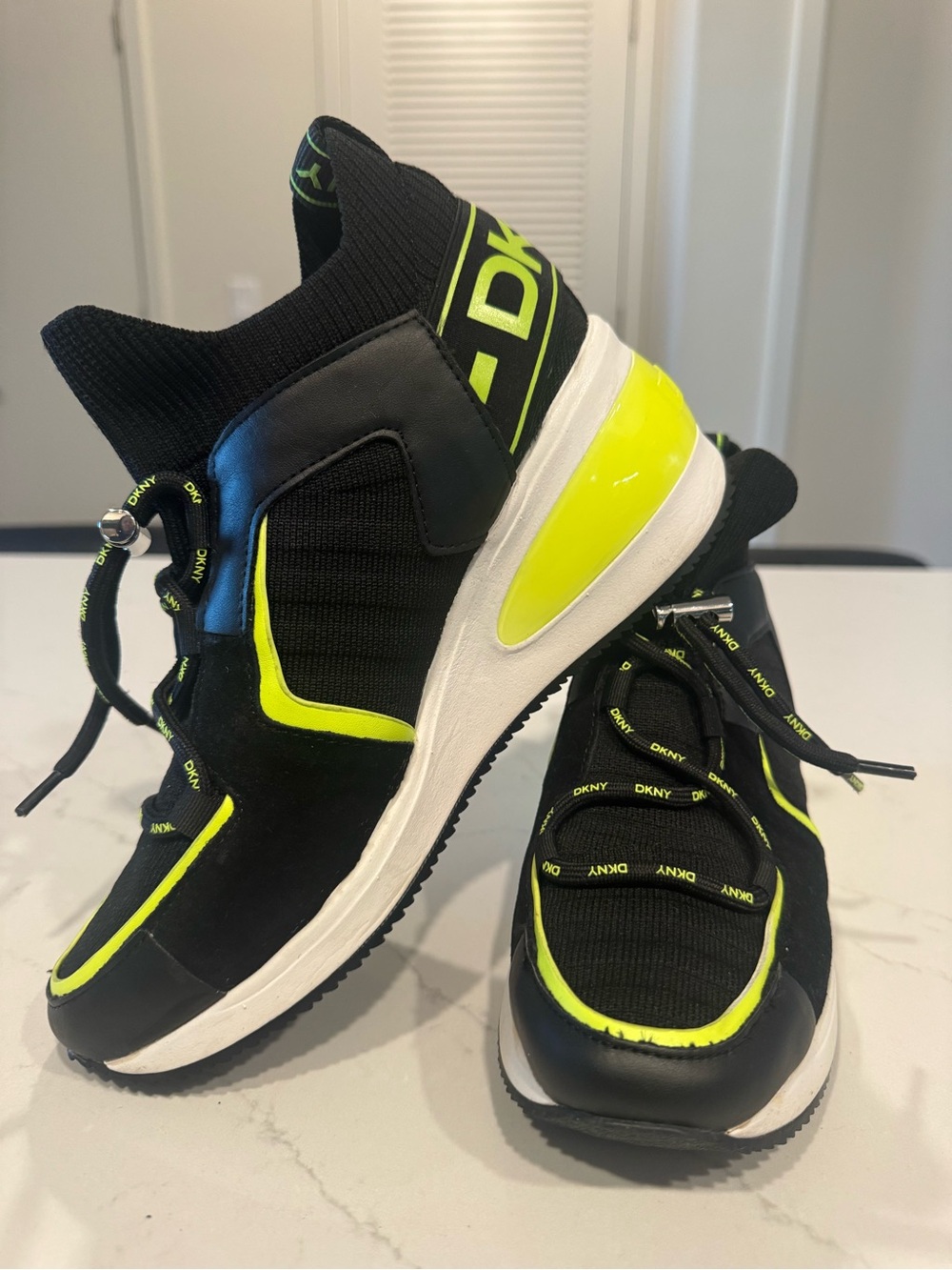 DKNY Black & Neon Yellow High-Top Slip-On Sneakers